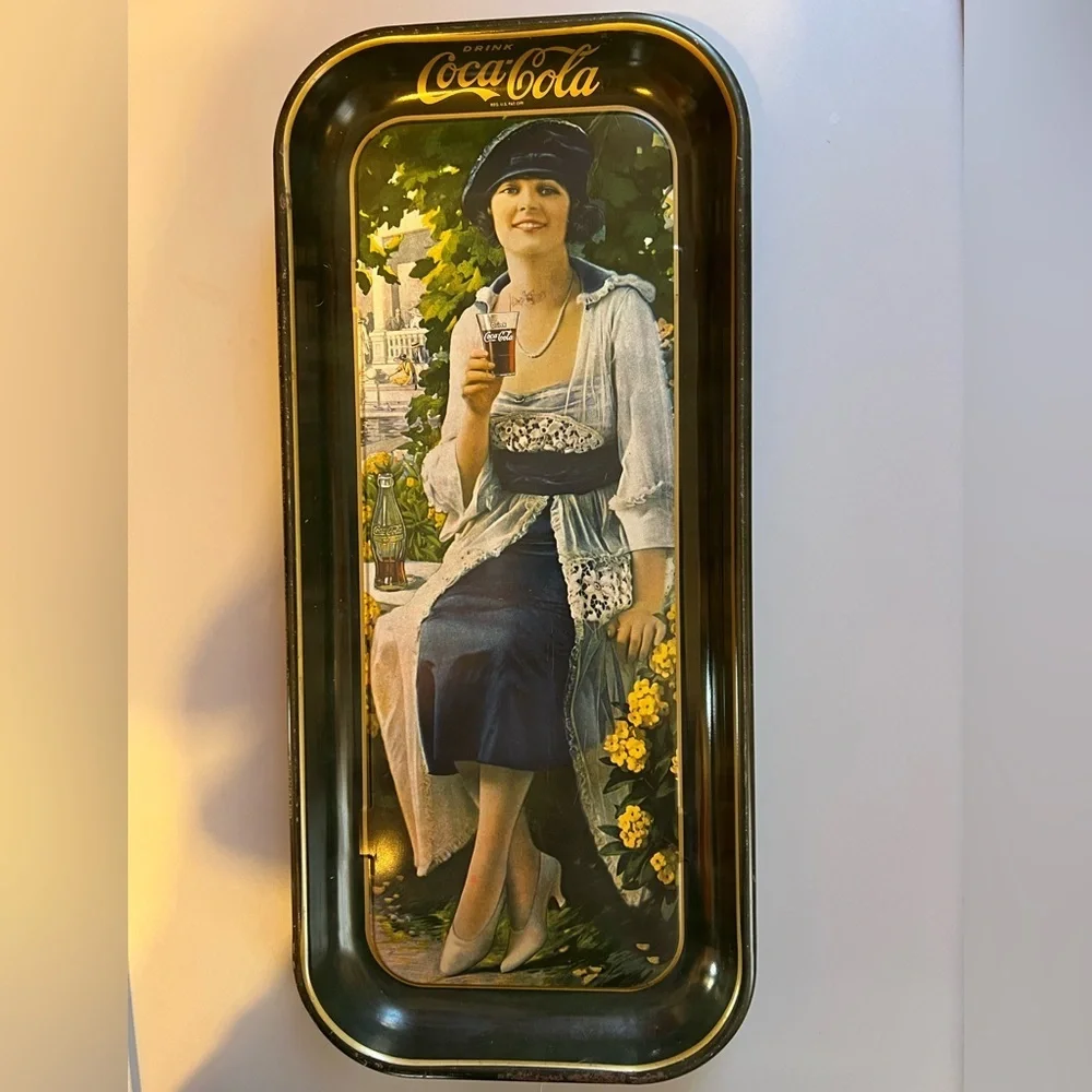 1973 Coke Tray Coca Cola Vintage Tin Rolling Serving Long Woman Glass Blue Hat